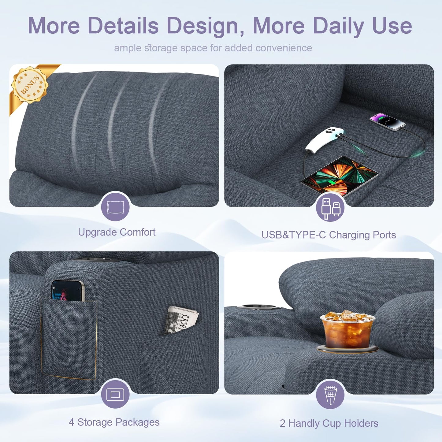 BareTay Recliner Armchair Electric Lift Chair with Massage & Heat, Extended Footrest, Oversized Riser Reclining Chair Lounge Sofa with Type C+USB, 2 Drink Holders, 4 Side Pockets