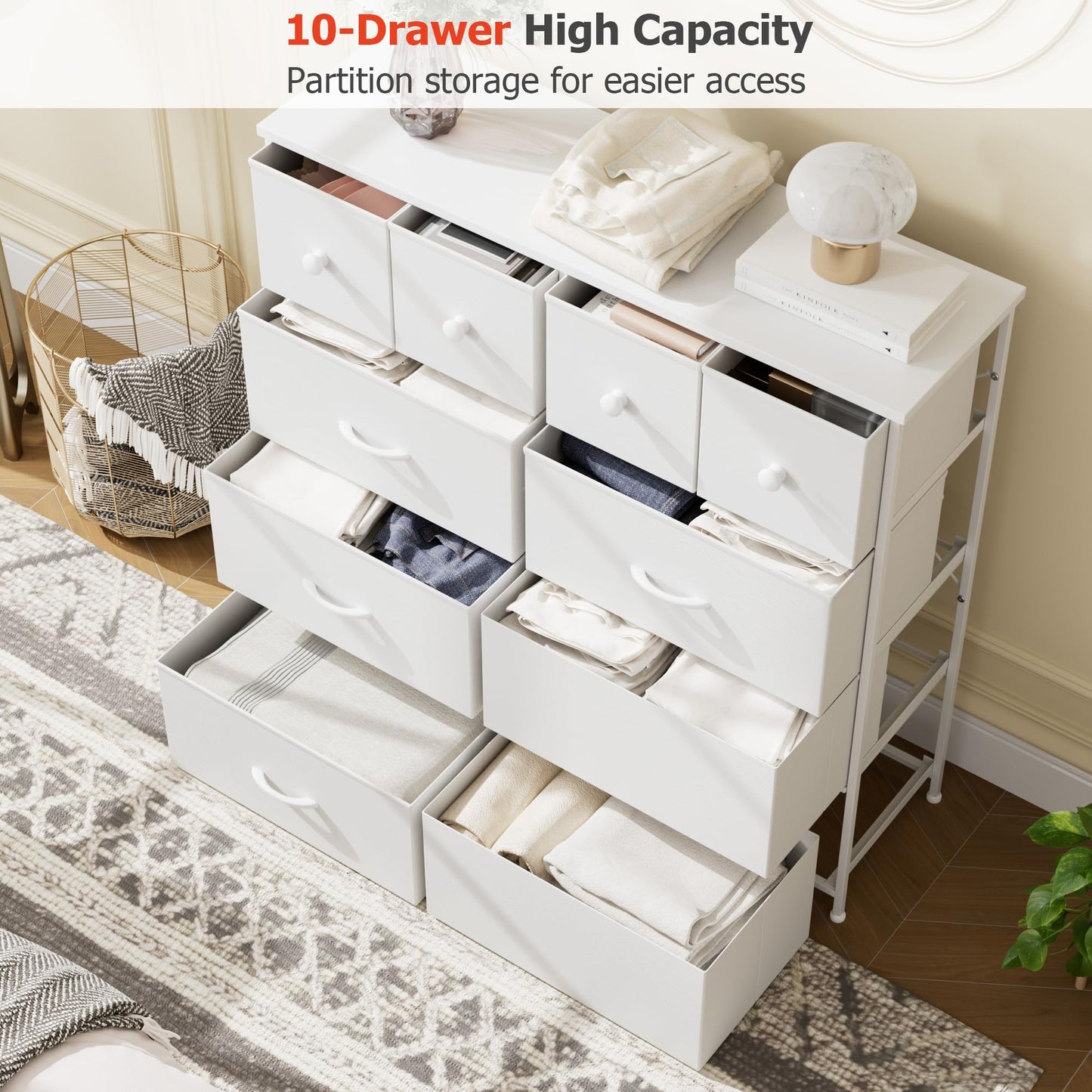 Nicehill Dresser for Bedroom with 10 Drawers, Storage Drawer Organizer, Tall Chest of Drawers for Closet, Clothes, Kids, Baby, Living Room, Wood Board, Fabric Drawers(Black Wood Grain)