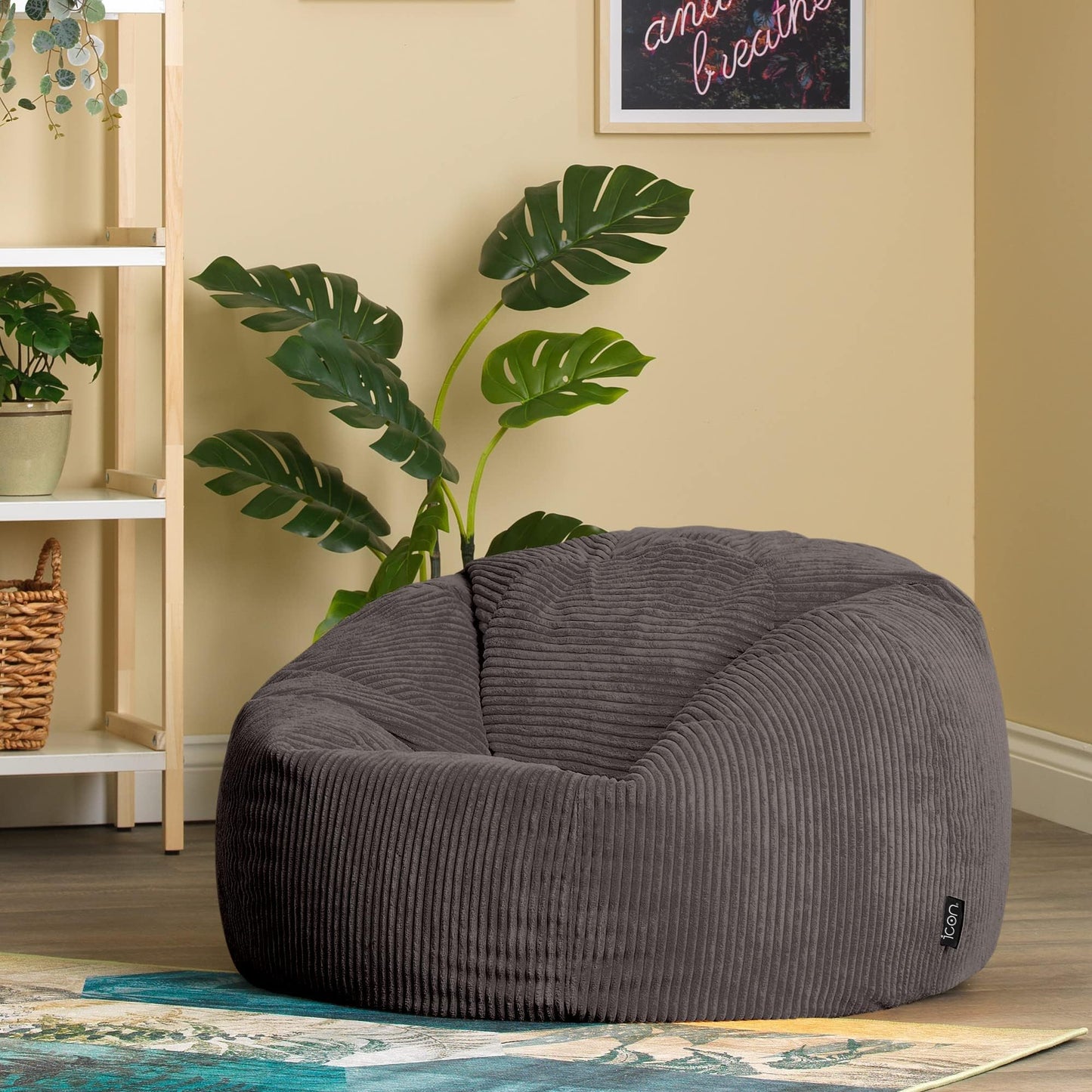 icon Kingston Cord Bean Bag, Beige, Large Adult Bean Bag Chair with Filling Included, Comfy Chair, Living Room Furniture, Bedroom Furniture