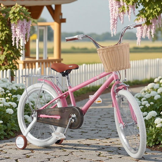 BSTSEL Kids Bike 16" 18" 20" 22" Pink Girls Children Bicycle with Basket, Silent Stabilizers Training Wheels and Double Brakes Ages 5-14 Years Old Children Bike 16-22 inch Bike Gift