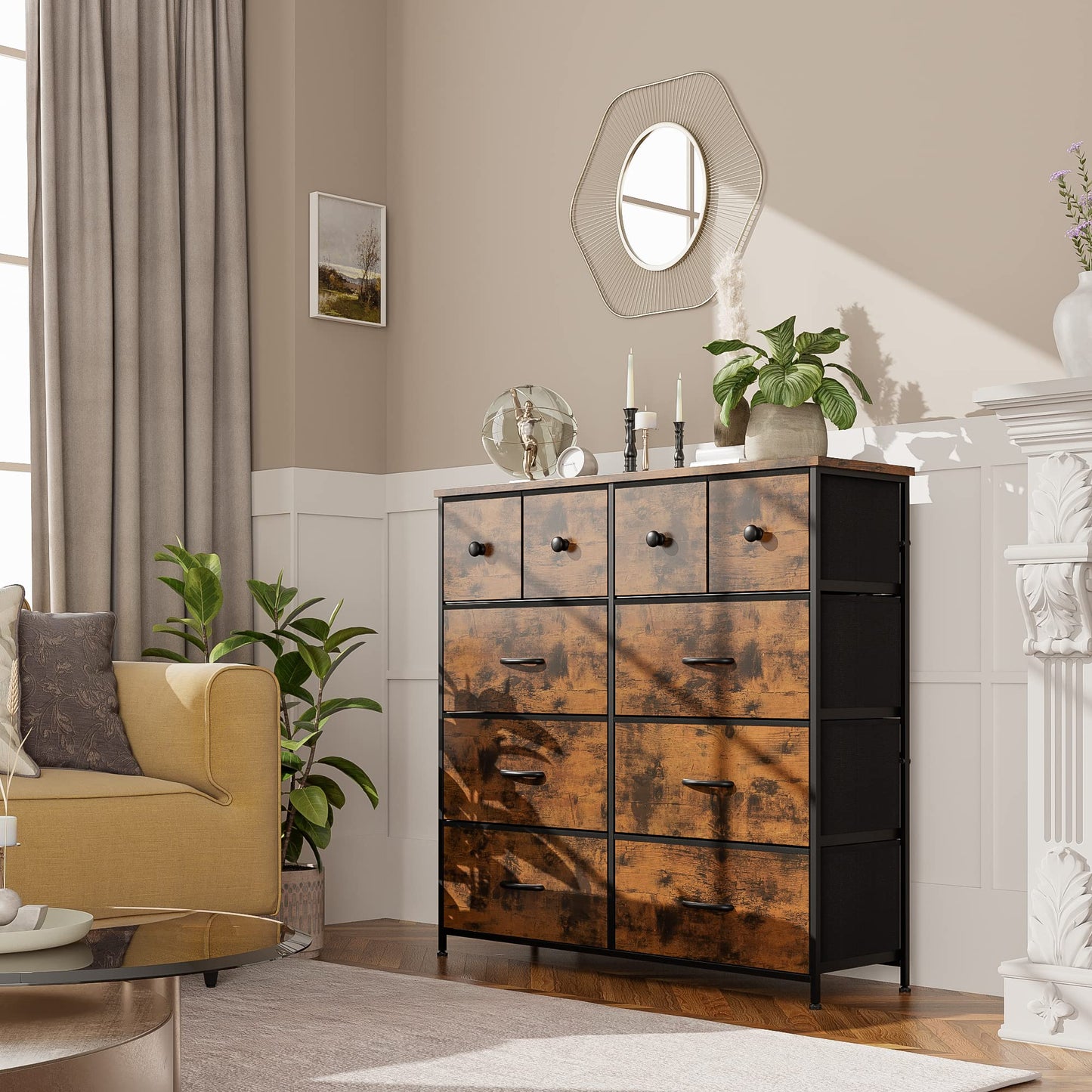 Nicehill Dresser for Bedroom with 10 Drawers, Storage Drawer Organizer, Tall Chest of Drawers for Closet, Clothes, Kids, Baby, Living Room, Wood Board, Fabric Drawers(Black Wood Grain)