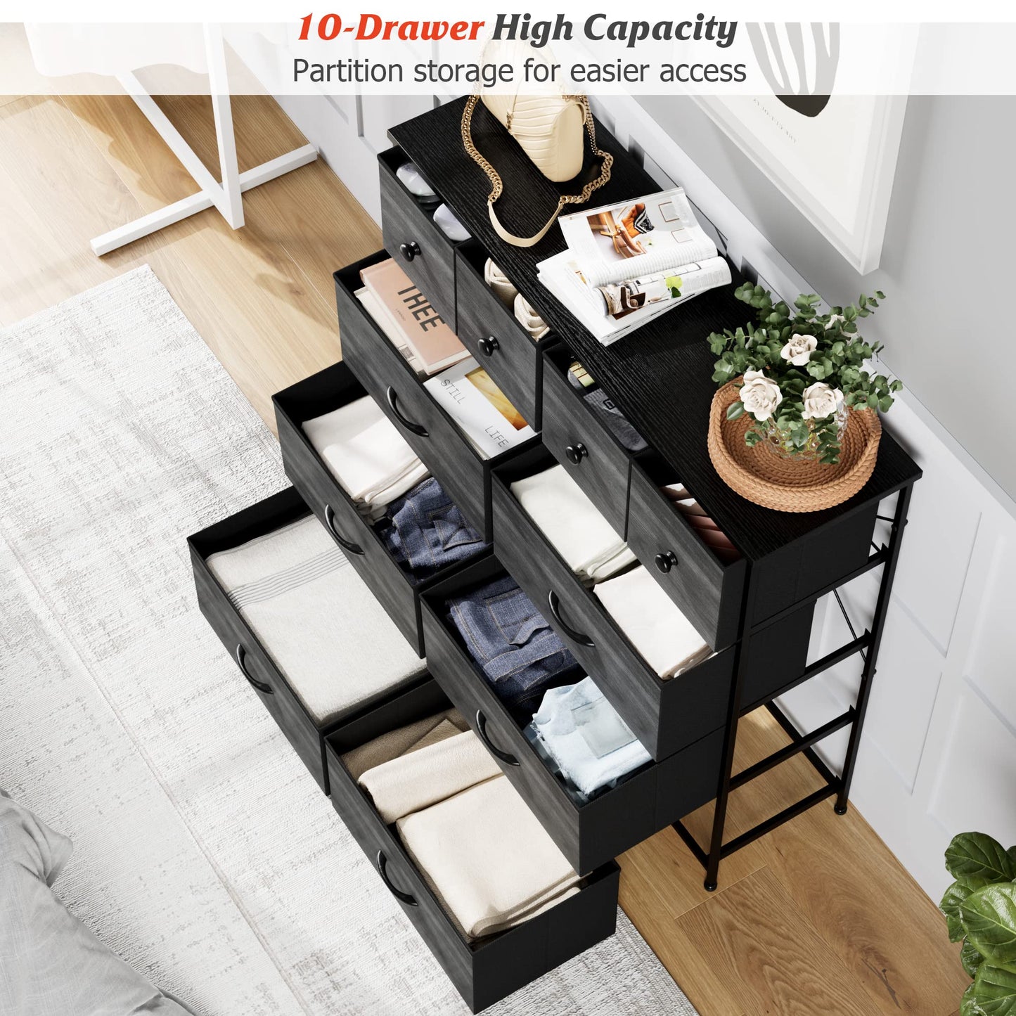 Nicehill Dresser for Bedroom with 10 Drawers, Storage Drawer Organizer, Tall Chest of Drawers for Closet, Clothes, Kids, Baby, Living Room, Wood Board, Fabric Drawers(Black Wood Grain)