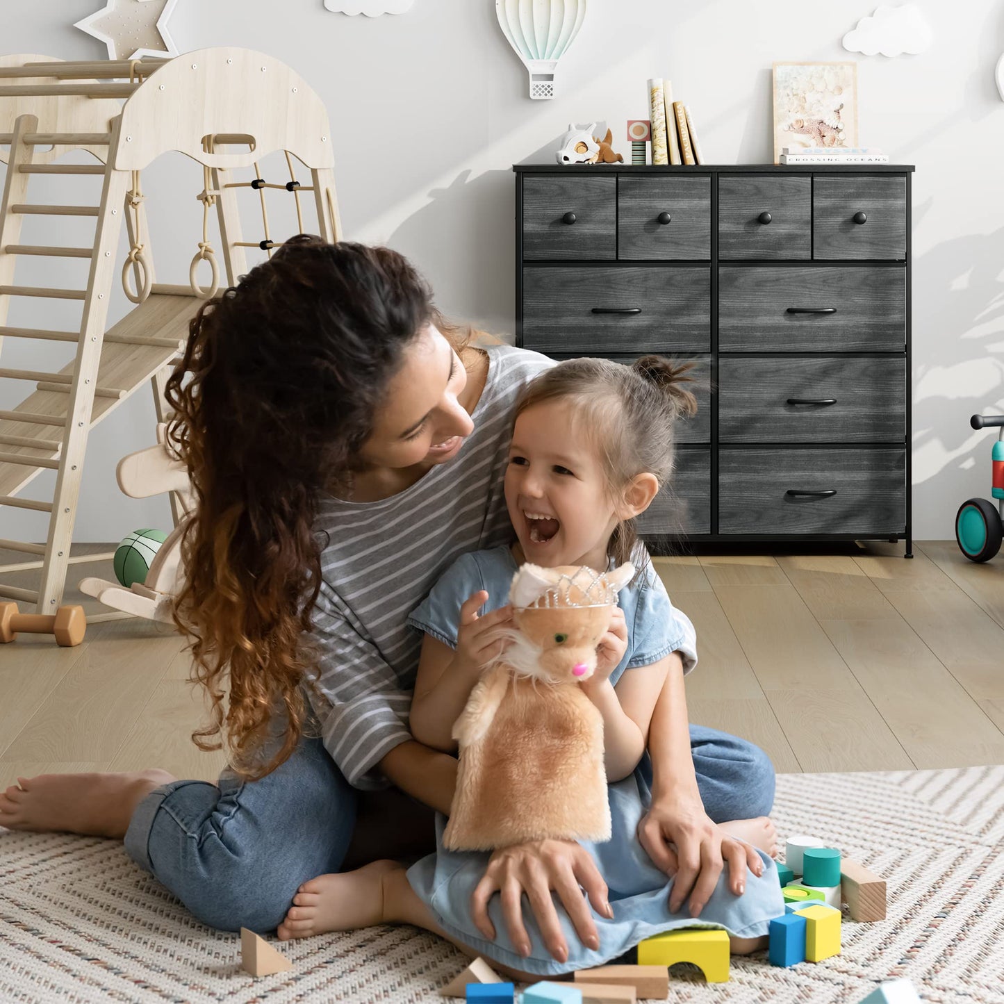 Nicehill Dresser for Bedroom with 10 Drawers, Storage Drawer Organizer, Tall Chest of Drawers for Closet, Clothes, Kids, Baby, Living Room, Wood Board, Fabric Drawers(Black Wood Grain)