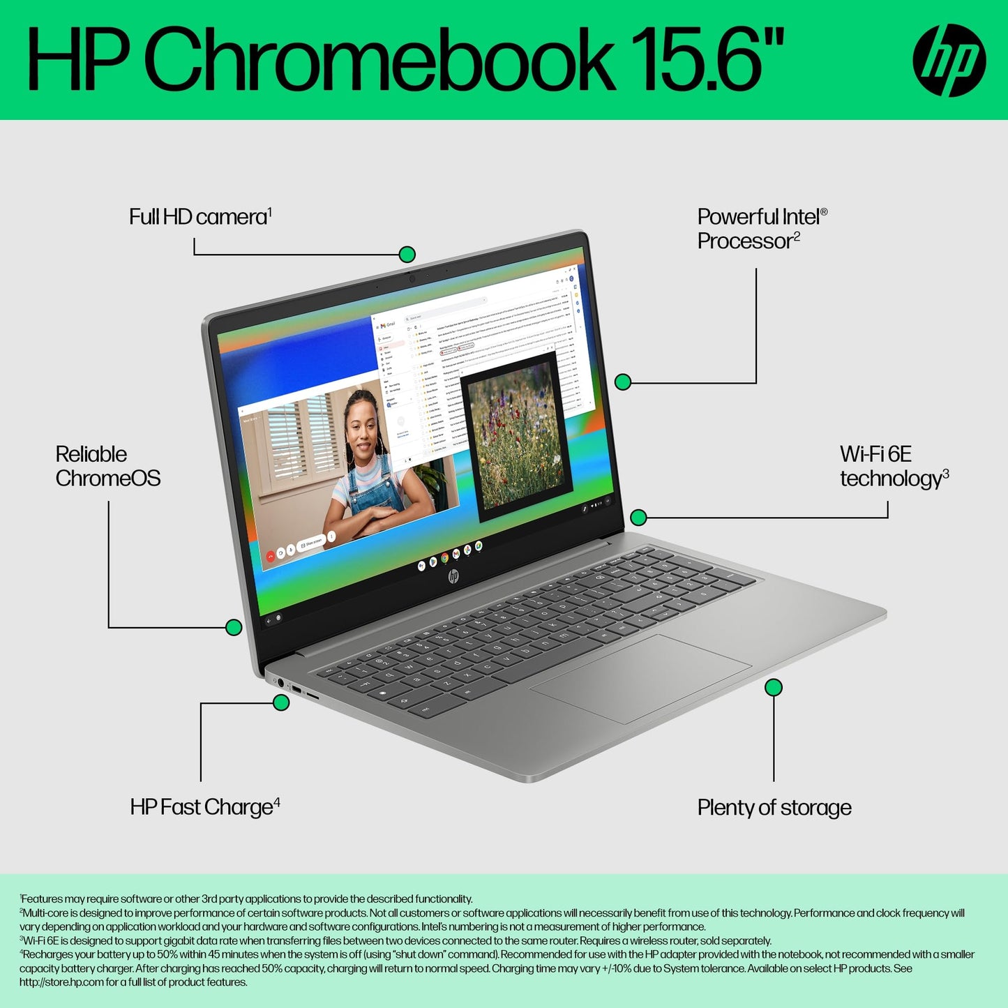 HP Chromebook 14" | Intel Processor N100 Processor| 4 GB RAM | 128 GB Flash Storage | Intel UHD Graphics | HD Display | Up to 12hrs battery | Chrome OS | Dual Speakers | Glacier Silver | 14a-nf0002sa