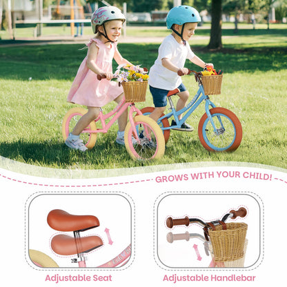 H.yeed 14 Inch Kids Balance Bike, Lightweight Height-adjustable Push Bike with Removable Basket and Rubber Air Tires, Toddler Training Bike for 3-6 Years Old Boys Girls（No Flower）