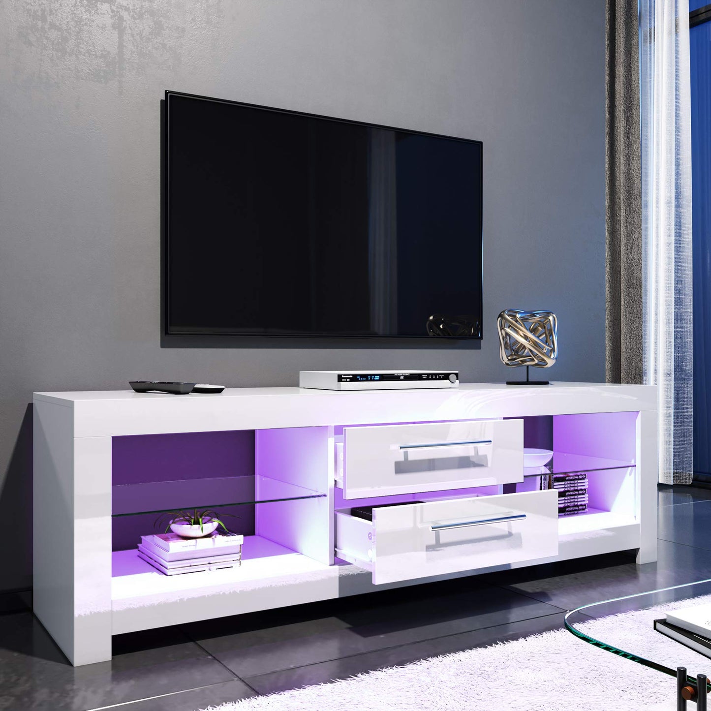 ELEGANT 1200mm LED TV Cabinet Modern White Gloss TV Stand with Ambient Lights for Living Room and Bedroom with Storage Furniture for 32 40 43 50 inch 4k TV