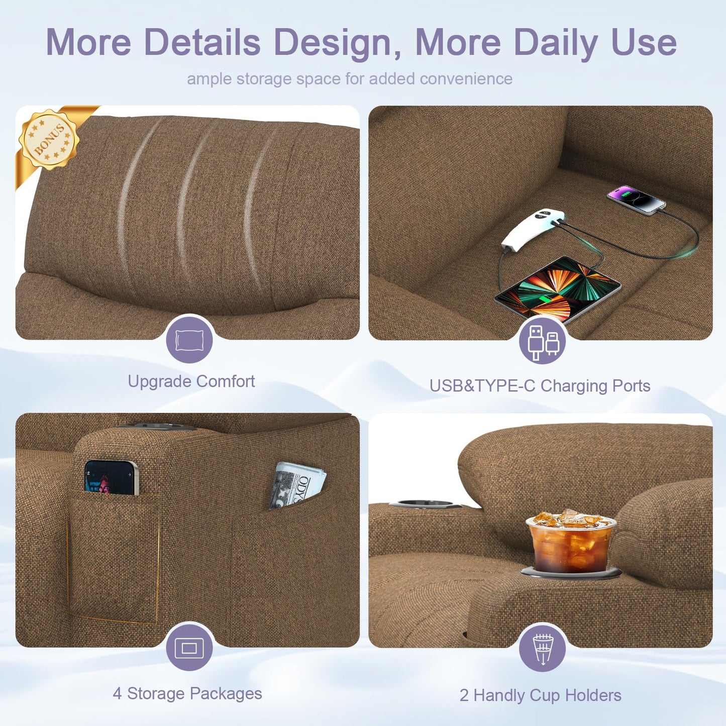 BareTay Recliner Armchair Electric Lift Chair with Massage & Heat, Extended Footrest, Oversized Riser Reclining Chair Lounge Sofa with Type C+USB, 2 Drink Holders, 4 Side Pockets