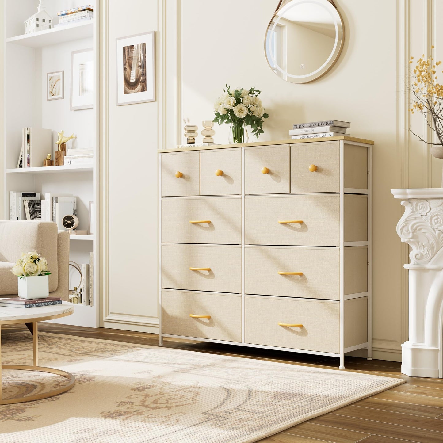 Nicehill Dresser for Bedroom with 10 Drawers, Storage Drawer Organizer, Tall Chest of Drawers for Closet, Clothes, Kids, Baby, Living Room, Wood Board, Fabric Drawers(Black Wood Grain)