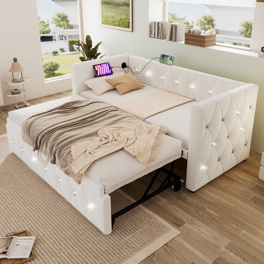 Jtyca Daybed, Trundle Bed, Upholstered Single Bed with Pull Out Bed, Sofa Bed with USB-Type C-Charging Sations, Pull Out Trundle for Living Room and Bedroom, 90 x 190 cm, Velvet, Grey, (No Mattress)
