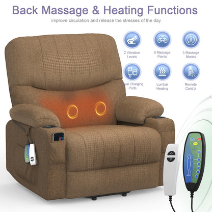 BareTay Recliner Armchair Electric Lift Chair with Massage & Heat, Extended Footrest, Oversized Riser Reclining Chair Lounge Sofa with Type C+USB, 2 Drink Holders, 4 Side Pockets