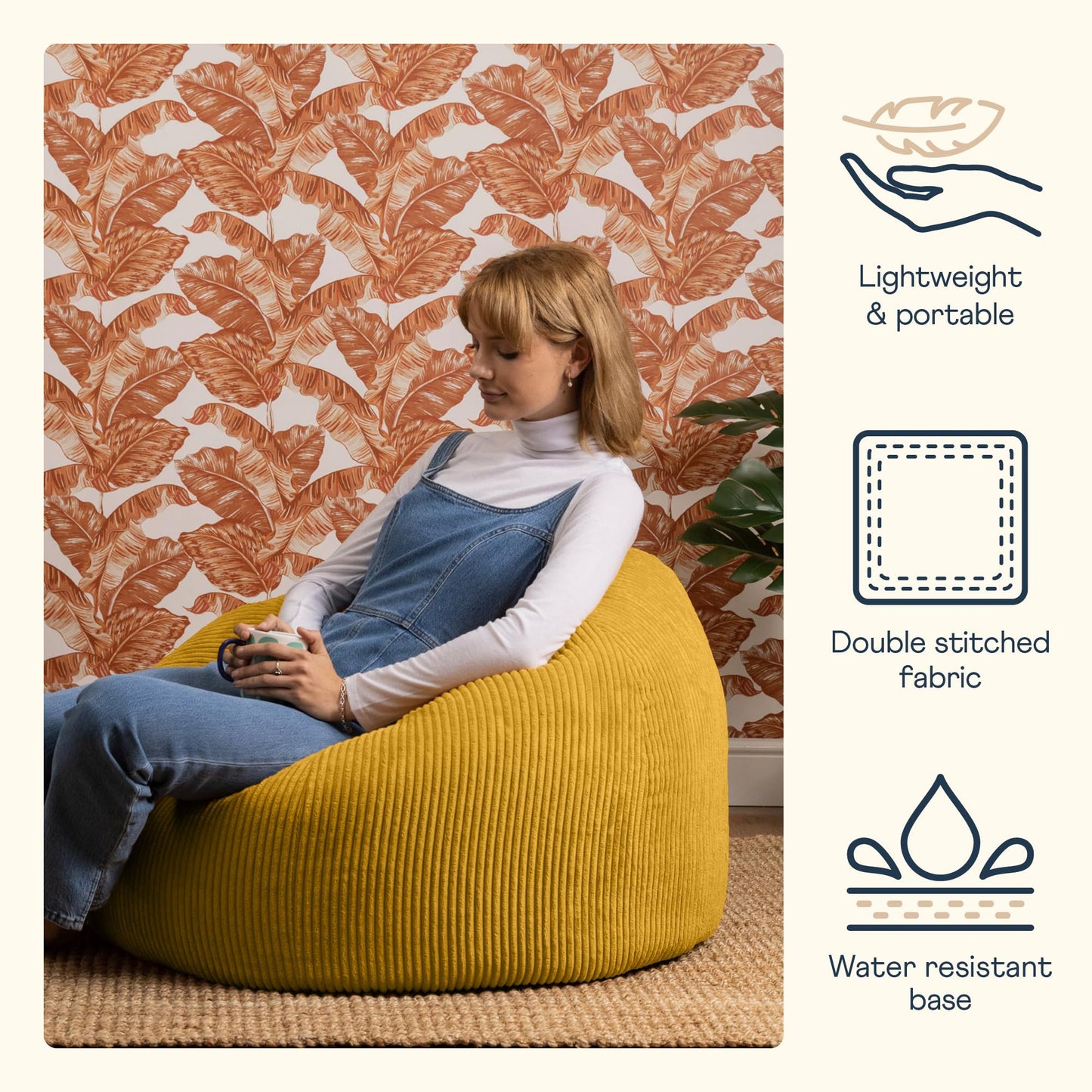 icon Kingston Cord Bean Bag, Beige, Large Adult Bean Bag Chair with Filling Included, Comfy Chair, Living Room Furniture, Bedroom Furniture