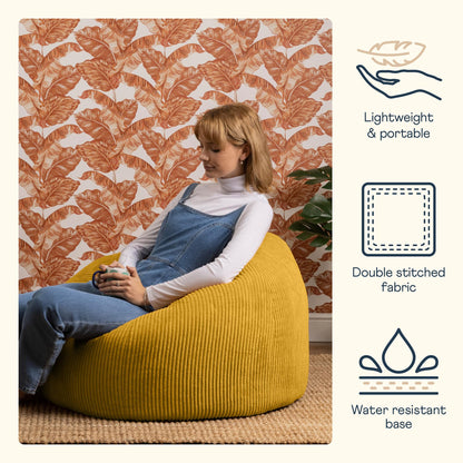 icon Kingston Cord Bean Bag, Beige, Large Adult Bean Bag Chair with Filling Included, Comfy Chair, Living Room Furniture, Bedroom Furniture