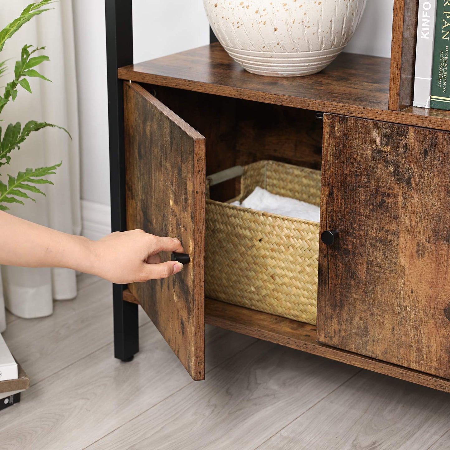 VASAGLE Bookshelf, Storage Shelf, Large Bookcase with Doors, 4 Shelves, Stable Steel Structure, Industrial Style, for Living Room, Office, Rustic Brown and Ink Black LBC022B01