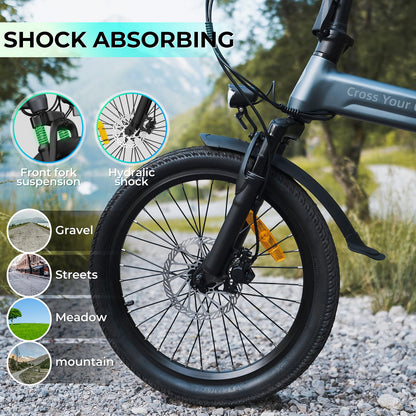 ADO Air 20S Folding E-Bike, 20" Electric Bike, Ultra Light Weight 18.5 KG Electric Bicycle, Carbon Belt/Adjustable Shock Absorption/LCD Display/ Disc Brakes/APP Intelligent(Shock Absorption Version)