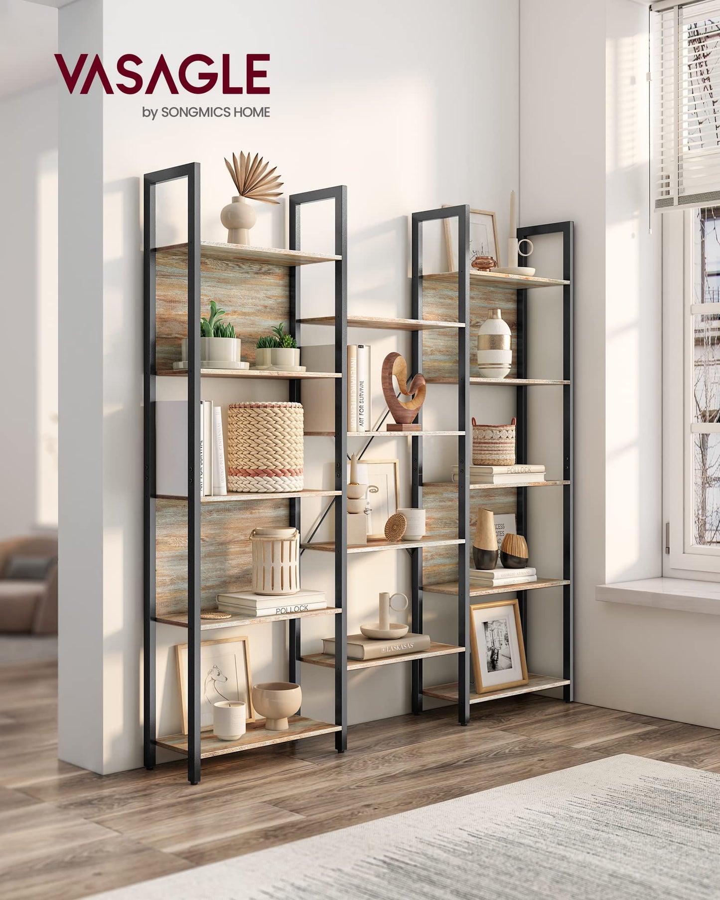 VASAGLE Bookcase, Bookshelf with 14 Shelves, Metal Frame, Shelf Unit for Living Room, Home Office, Industrial Style, 24 x 158 x 166 cm, Rustic Brown and Ink Black LLS107B01