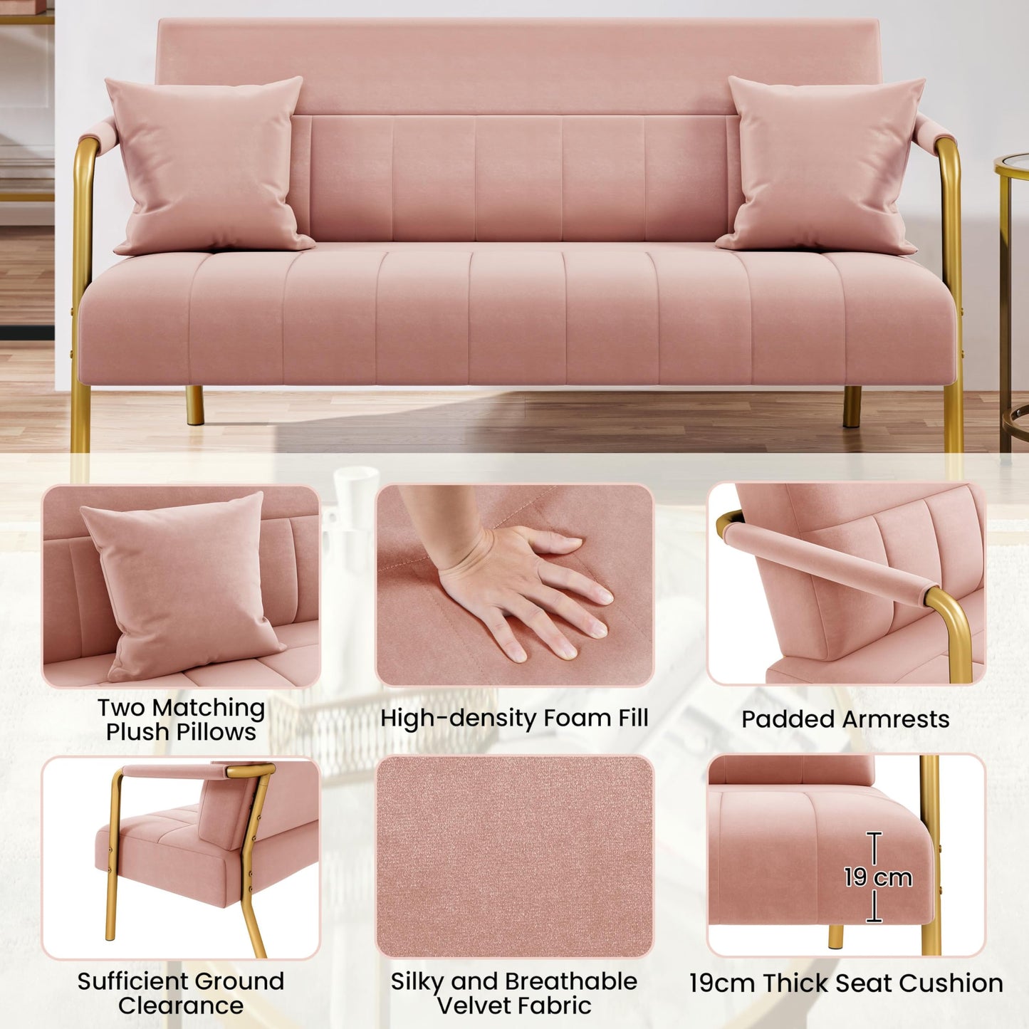 Yaheetech 2 Seater Modern Sofa Velvet Fabric Loveseat with Gold-tone Metal Arms and Legs for Bedroom, Home Office, Studio, Living Room Furniture Pink