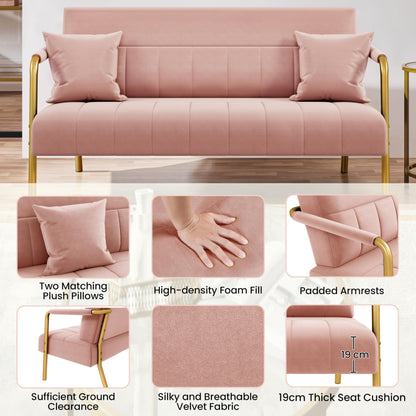 Yaheetech 2 Seater Modern Sofa Velvet Fabric Loveseat with Gold-tone Metal Arms and Legs for Bedroom, Home Office, Studio, Living Room Furniture Pink