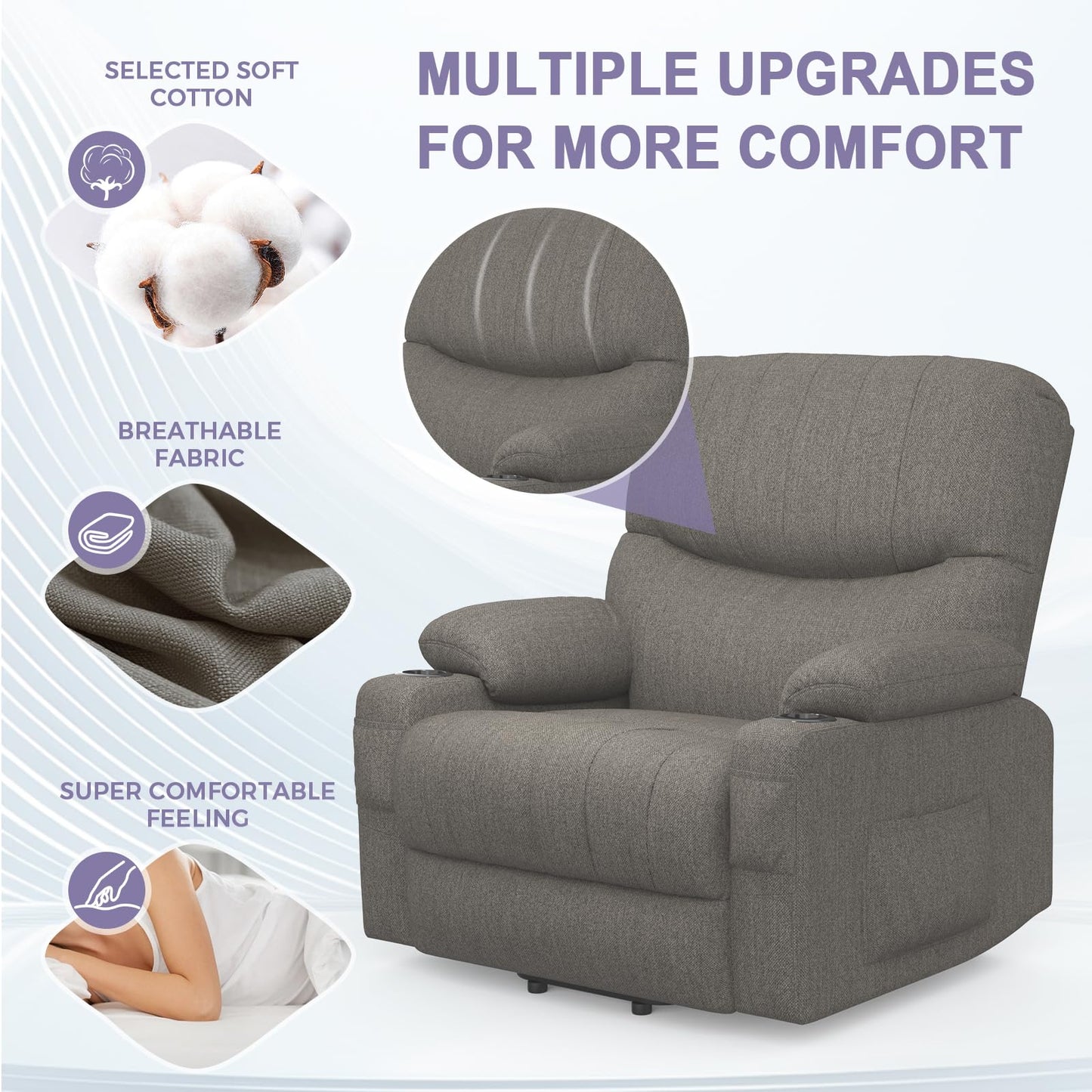 BareTay Recliner Armchair Electric Lift Chair with Massage & Heat, Extended Footrest, Oversized Riser Reclining Chair Lounge Sofa with Type C+USB, 2 Drink Holders, 4 Side Pockets