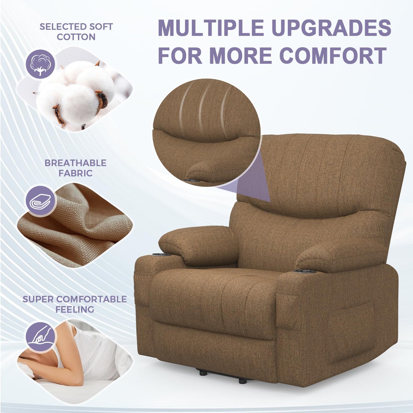 BareTay Recliner Armchair Electric Lift Chair with Massage & Heat, Extended Footrest, Oversized Riser Reclining Chair Lounge Sofa with Type C+USB, 2 Drink Holders, 4 Side Pockets