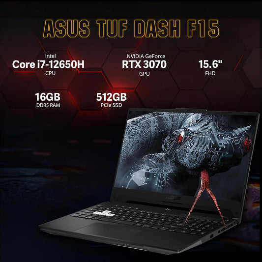 ASUS TUF DASH 15.6" 144Hz Gaming Laptop, Intel 12th Core i7-12650H, 16GB DDR5 RAM, 512GB PCIe SSD, NVIDIA GeForce RTX 3070 Graphics 8GB, Backlit Keyboard, Windows 11, Black, 32GB USB Card