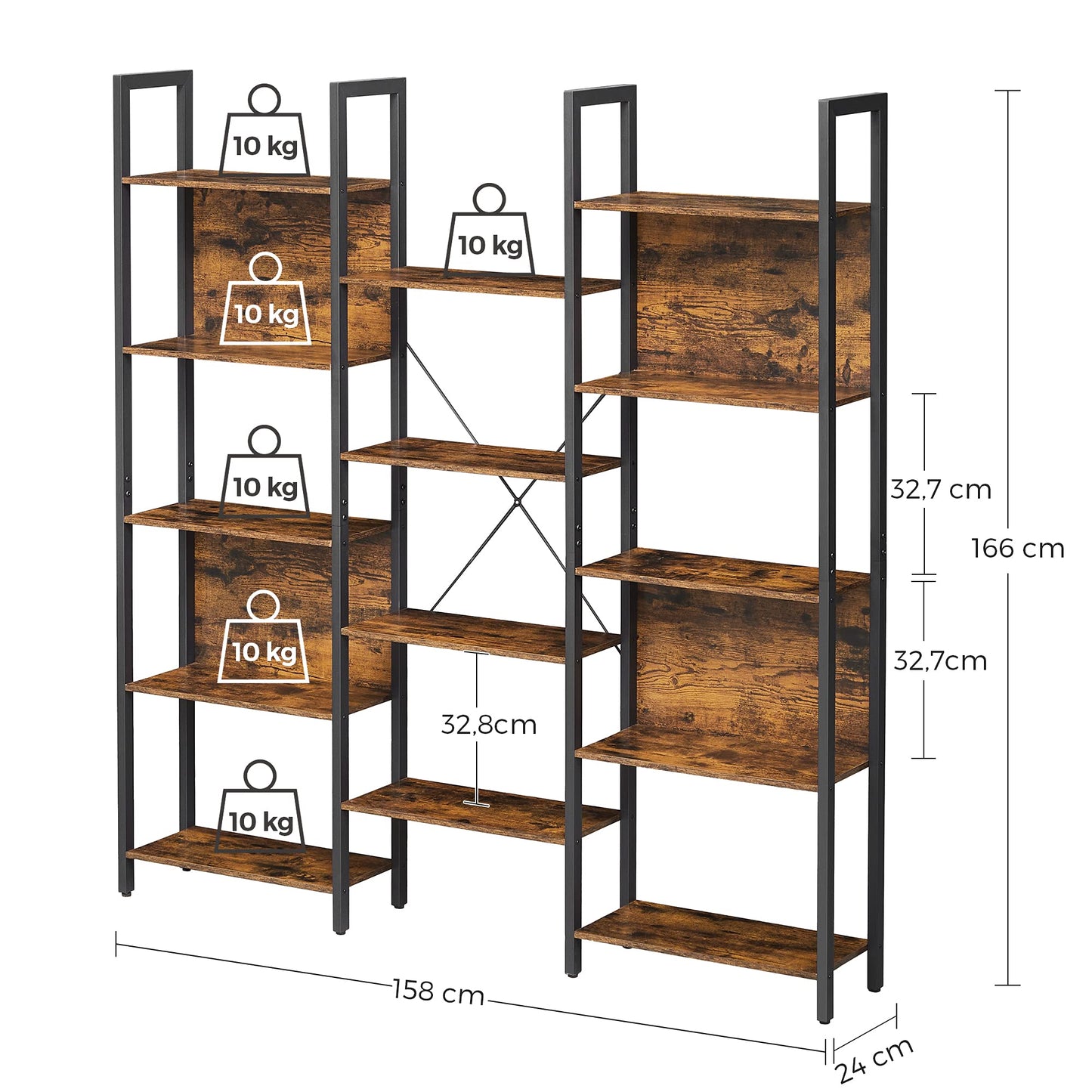 VASAGLE Bookcase, Bookshelf with 14 Shelves, Metal Frame, Shelf Unit for Living Room, Home Office, Industrial Style, 24 x 158 x 166 cm, Rustic Brown and Ink Black LLS107B01