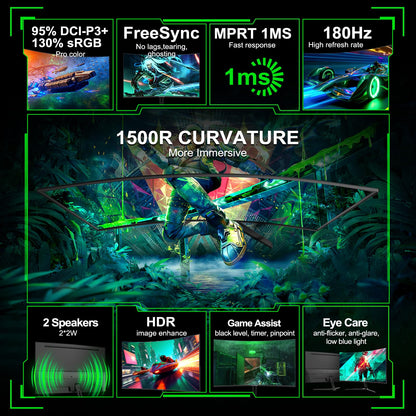 24 inch Curved Gaming Monitor 180Hz, 1ms, 130% sRGB, With Speakers, HDR, FreeSync, 300cd/m², VA, FHD 1080P, Frameless, HDMI1.4 DP1.2 Ports (MFG24C1 HDMI included)
