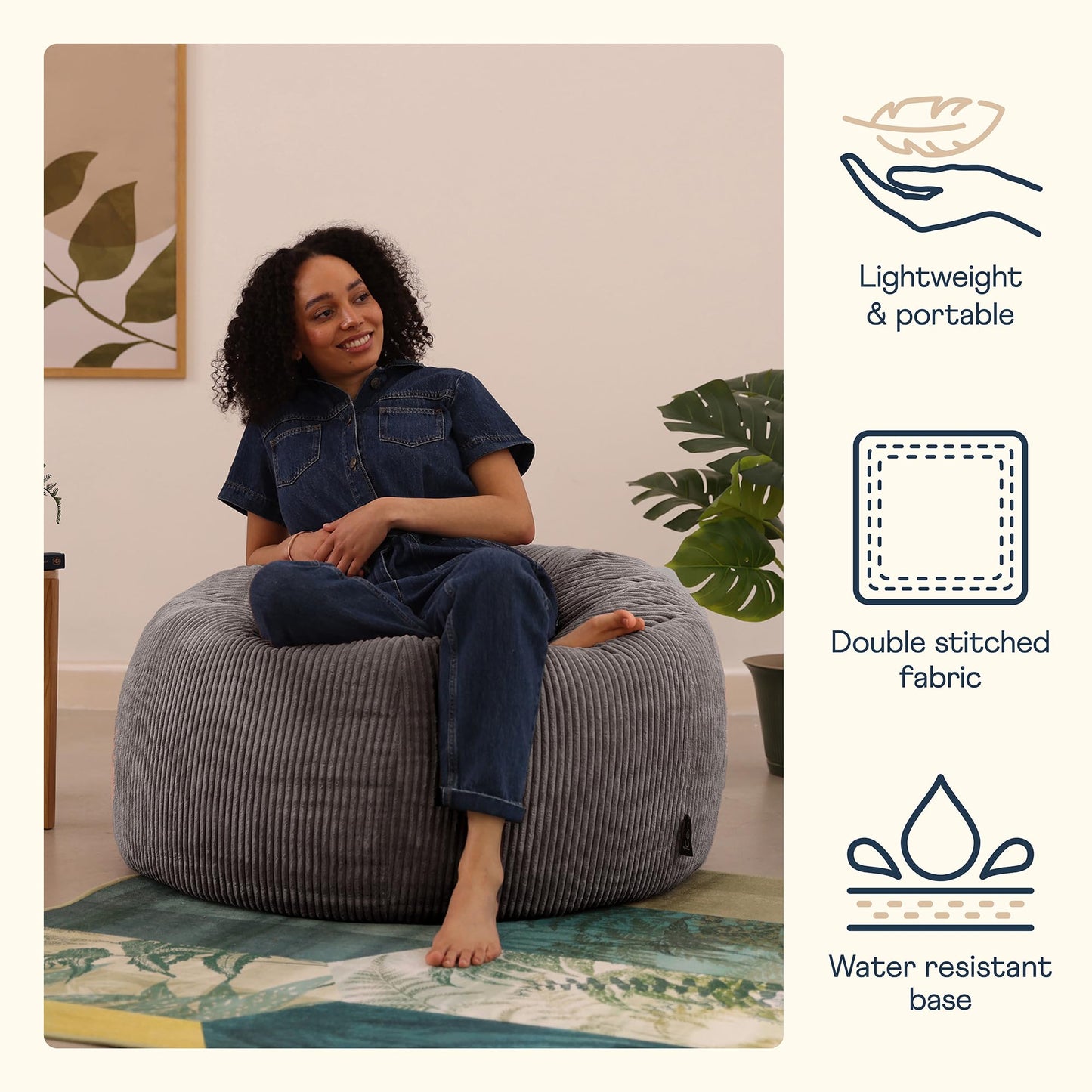 icon Kingston Cord Bean Bag, Beige, Large Adult Bean Bag Chair with Filling Included, Comfy Chair, Living Room Furniture, Bedroom Furniture