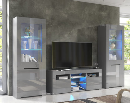 High Gloss & Matt Grey Living Room Set TV Stand Display Cabinets MilanoG White LED Lights