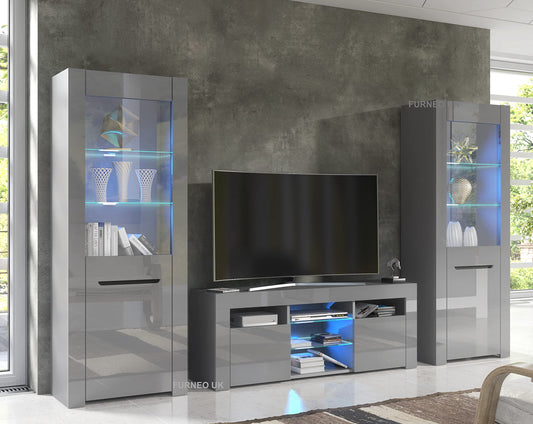 High Gloss & Matt Grey Living Room Set TV Stand Display Cabinets MilanoG White LED Lights