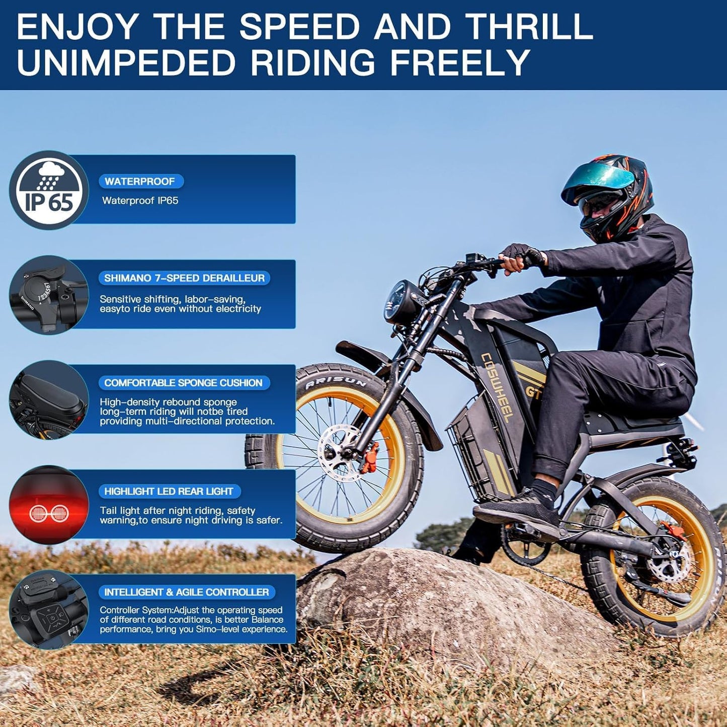 Electric Bikes GT20 For Adults,80Nm Motor Ebike with 48V 25AH 1200WH Removable Battery,Range Up to 140KM,Electric Mountain Bike with 7-Speed, 20" x4.0 Fat Tires Hydraulic Brake OFF Road Ebike