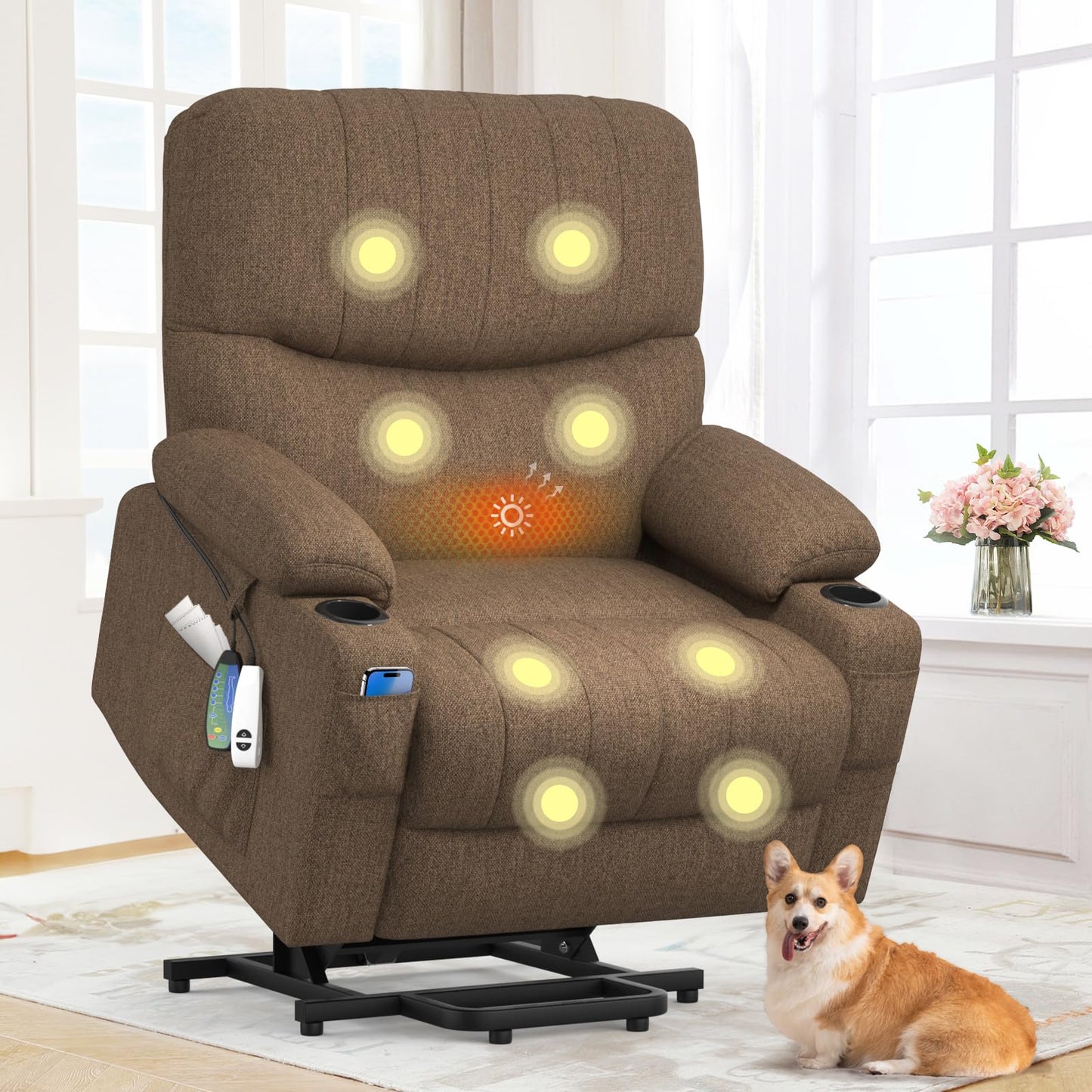 BareTay Recliner Armchair Electric Lift Chair with Massage & Heat, Extended Footrest, Oversized Riser Reclining Chair Lounge Sofa with Type C+USB, 2 Drink Holders, 4 Side Pockets