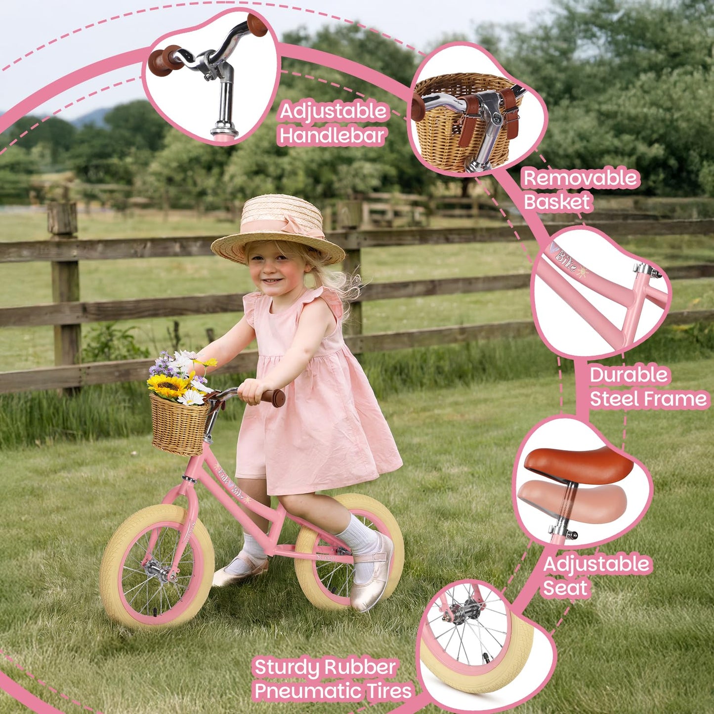 H.yeed 14 Inch Kids Balance Bike, Lightweight Height-adjustable Push Bike with Removable Basket and Rubber Air Tires, Toddler Training Bike for 3-6 Years Old Boys Girls（No Flower）