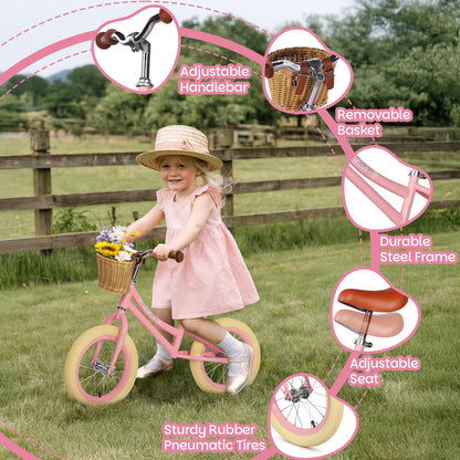 H.yeed 14 Inch Kids Balance Bike, Lightweight Height-adjustable Push Bike with Removable Basket and Rubber Air Tires, Toddler Training Bike for 3-6 Years Old Boys Girls（No Flower）