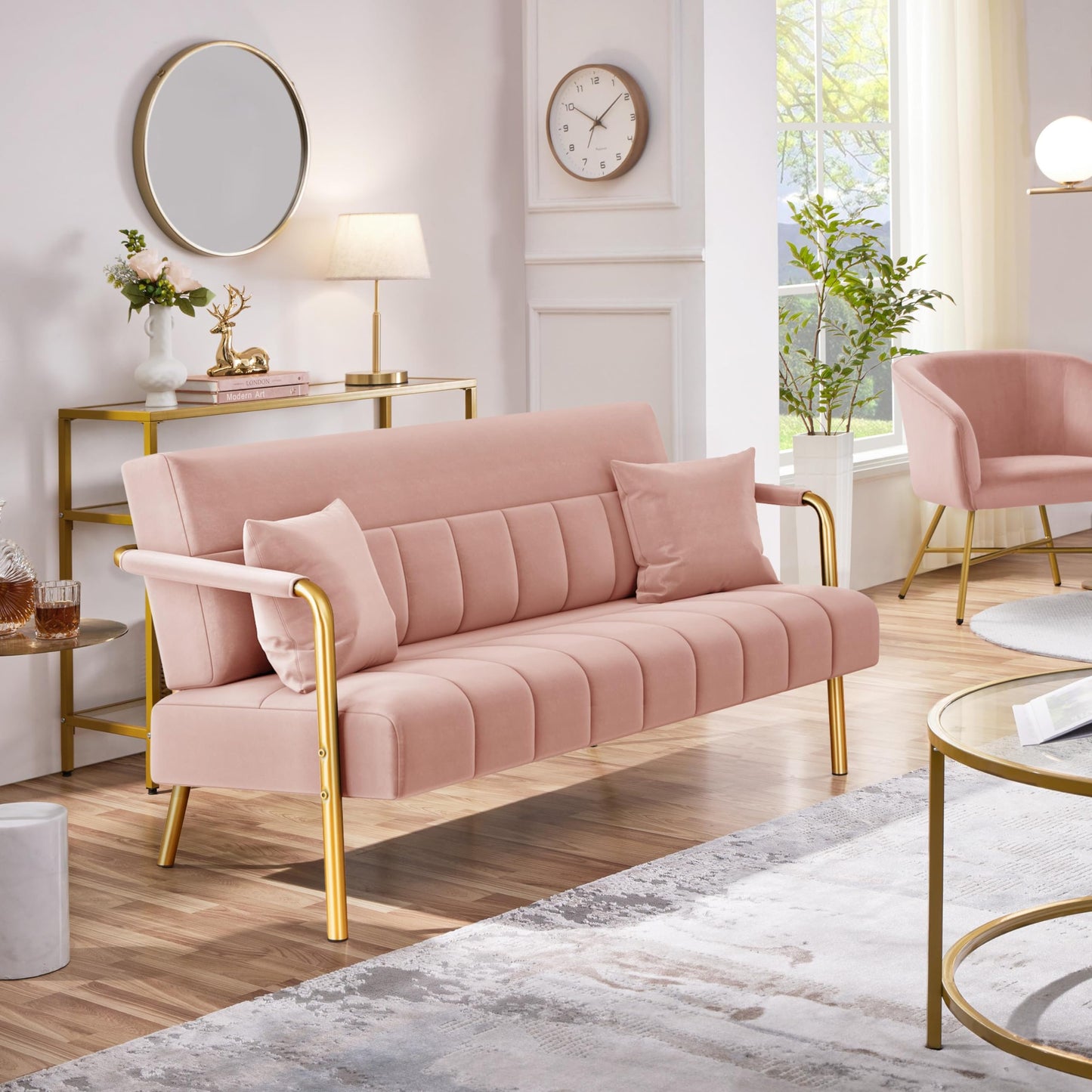 Yaheetech 2 Seater Modern Sofa Velvet Fabric Loveseat with Gold-tone Metal Arms and Legs for Bedroom, Home Office, Studio, Living Room Furniture Pink