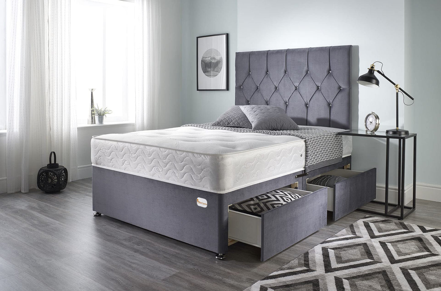 5FT King Size Divan Bed Ziggy Grey Plush Memory Foam Divan Bed Set With Mattress, 2 Drawers (Same Side) and Headboard (King (150cm X 200cm))