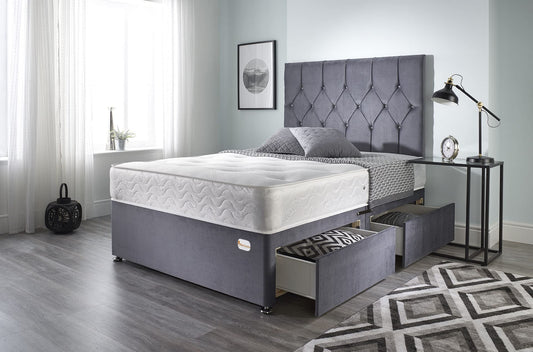 5FT King Size Divan Bed Ziggy Grey Plush Memory Foam Divan Bed Set With Mattress, 2 Drawers (Same Side) and Headboard (King (150cm X 200cm))