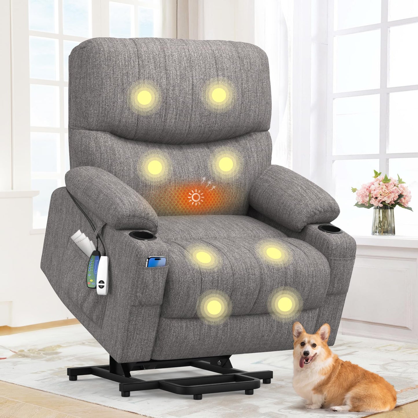 BareTay Recliner Armchair Electric Lift Chair with Massage & Heat, Extended Footrest, Oversized Riser Reclining Chair Lounge Sofa with Type C+USB, 2 Drink Holders, 4 Side Pockets