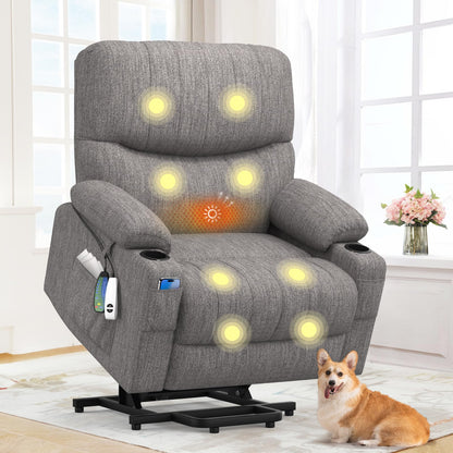 BareTay Recliner Armchair Electric Lift Chair with Massage & Heat, Extended Footrest, Oversized Riser Reclining Chair Lounge Sofa with Type C+USB, 2 Drink Holders, 4 Side Pockets