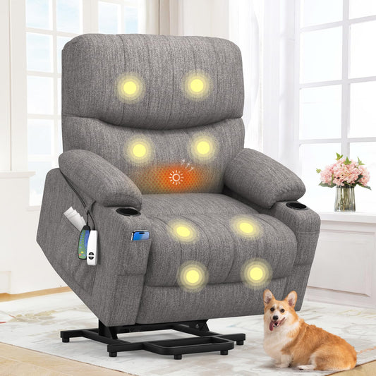 BareTay Recliner Armchair Electric Lift Chair with Massage & Heat, Extended Footrest, Oversized Riser Reclining Chair Lounge Sofa with Type C+USB, 2 Drink Holders, 4 Side Pockets