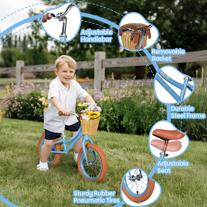 H.yeed 14 Inch Kids Balance Bike, Lightweight Height-adjustable Push Bike with Removable Basket and Rubber Air Tires, Toddler Training Bike for 3-6 Years Old Boys Girls（No Flower）