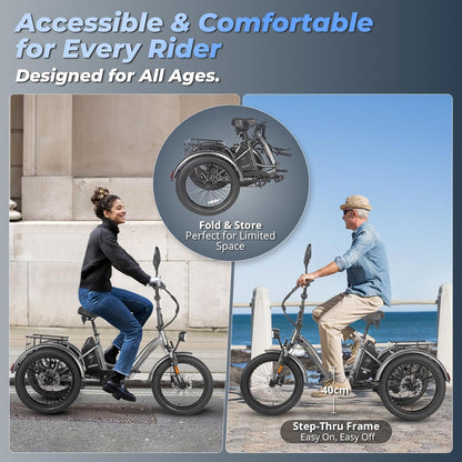 Fafrees F20 Mate Electric Tricycle Bike, 20 * 3.0 Inch Fat Tire E-Trike All Terrain, 48V/21Ah Removable Battery, Power Assist 115 KM, Folding Electric Cargo Tricycle for Senior Adult, Grey