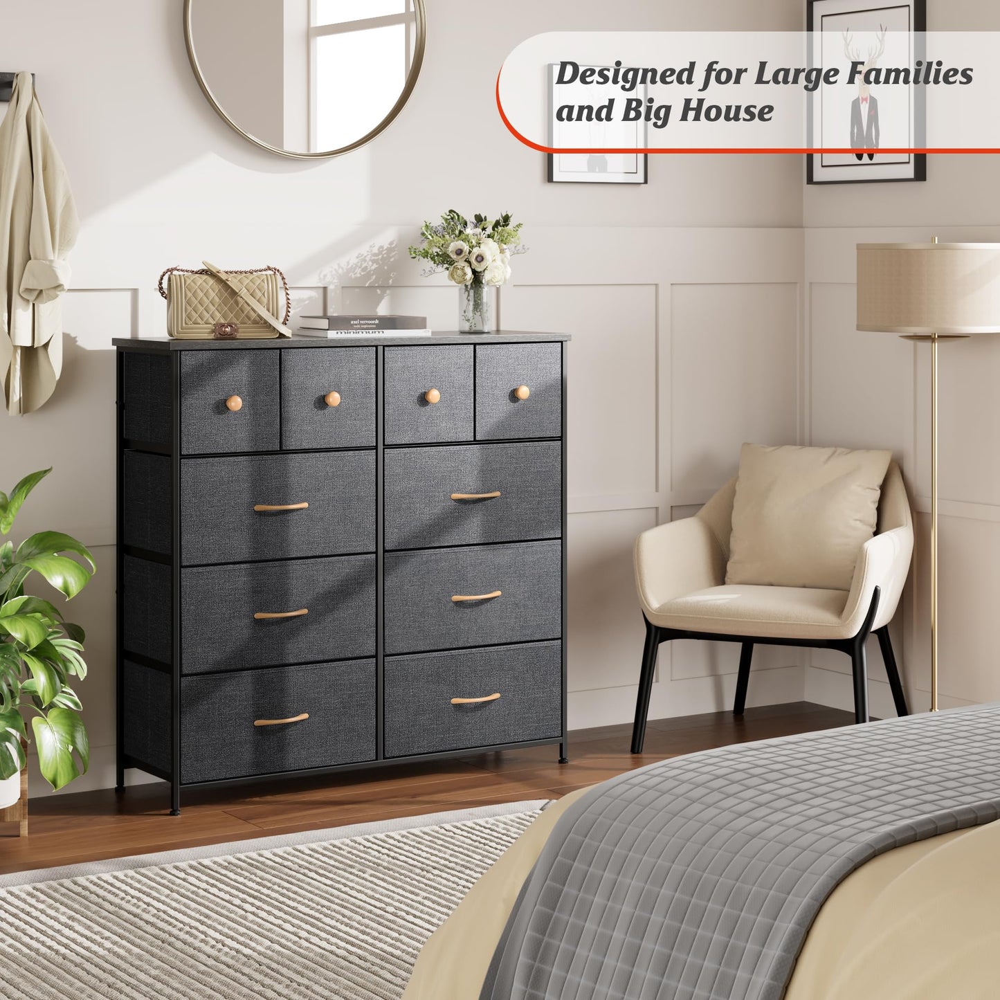 Nicehill Dresser for Bedroom with 10 Drawers, Storage Drawer Organizer, Tall Chest of Drawers for Closet, Clothes, Kids, Baby, Living Room, Wood Board, Fabric Drawers(Black Wood Grain)