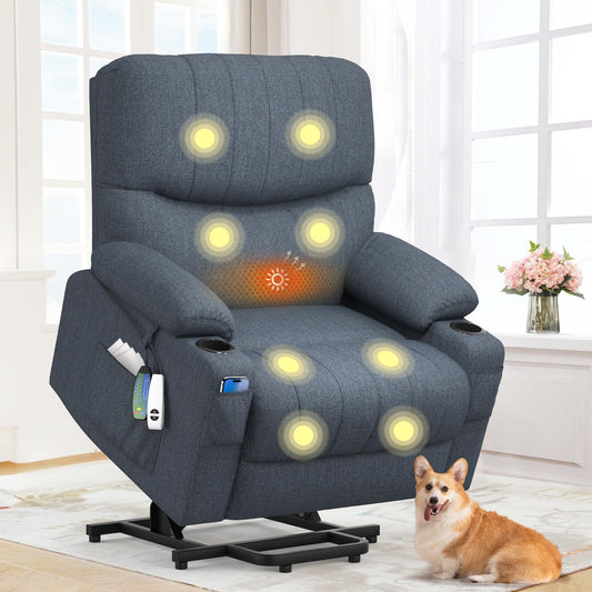 BareTay Recliner Armchair Electric Lift Chair with Massage & Heat, Extended Footrest, Oversized Riser Reclining Chair Lounge Sofa with Type C+USB, 2 Drink Holders, 4 Side Pockets