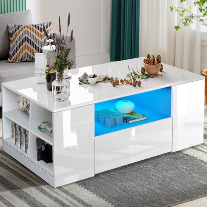 High Gloss Coffee Table, Coffee Table with Storage, Coffee Tables for Living Room with Led RGB Lights 2 Drawer Storage and Open Shelf Rectangle Centre Tea Table for Home Office Furniture, Grey