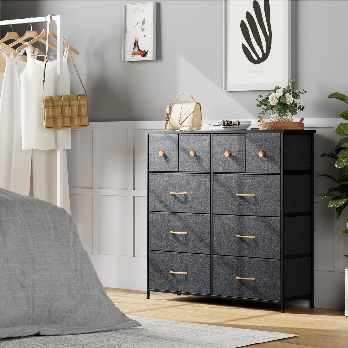 Nicehill Dresser for Bedroom with 10 Drawers, Storage Drawer Organizer, Tall Chest of Drawers for Closet, Clothes, Kids, Baby, Living Room, Wood Board, Fabric Drawers(Black Wood Grain)