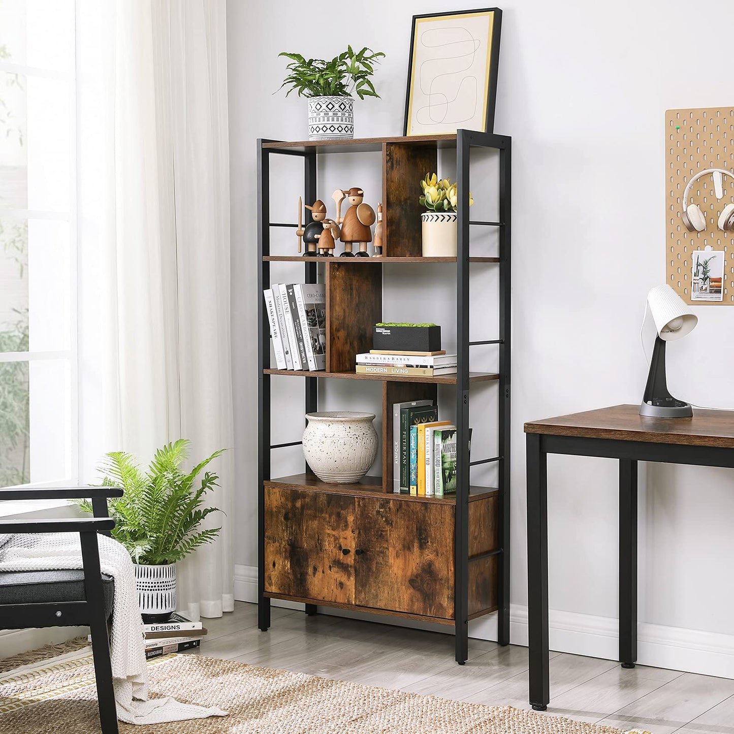 VASAGLE Bookshelf, Storage Shelf, Large Bookcase with Doors, 4 Shelves, Stable Steel Structure, Industrial Style, for Living Room, Office, Rustic Brown and Ink Black LBC022B01