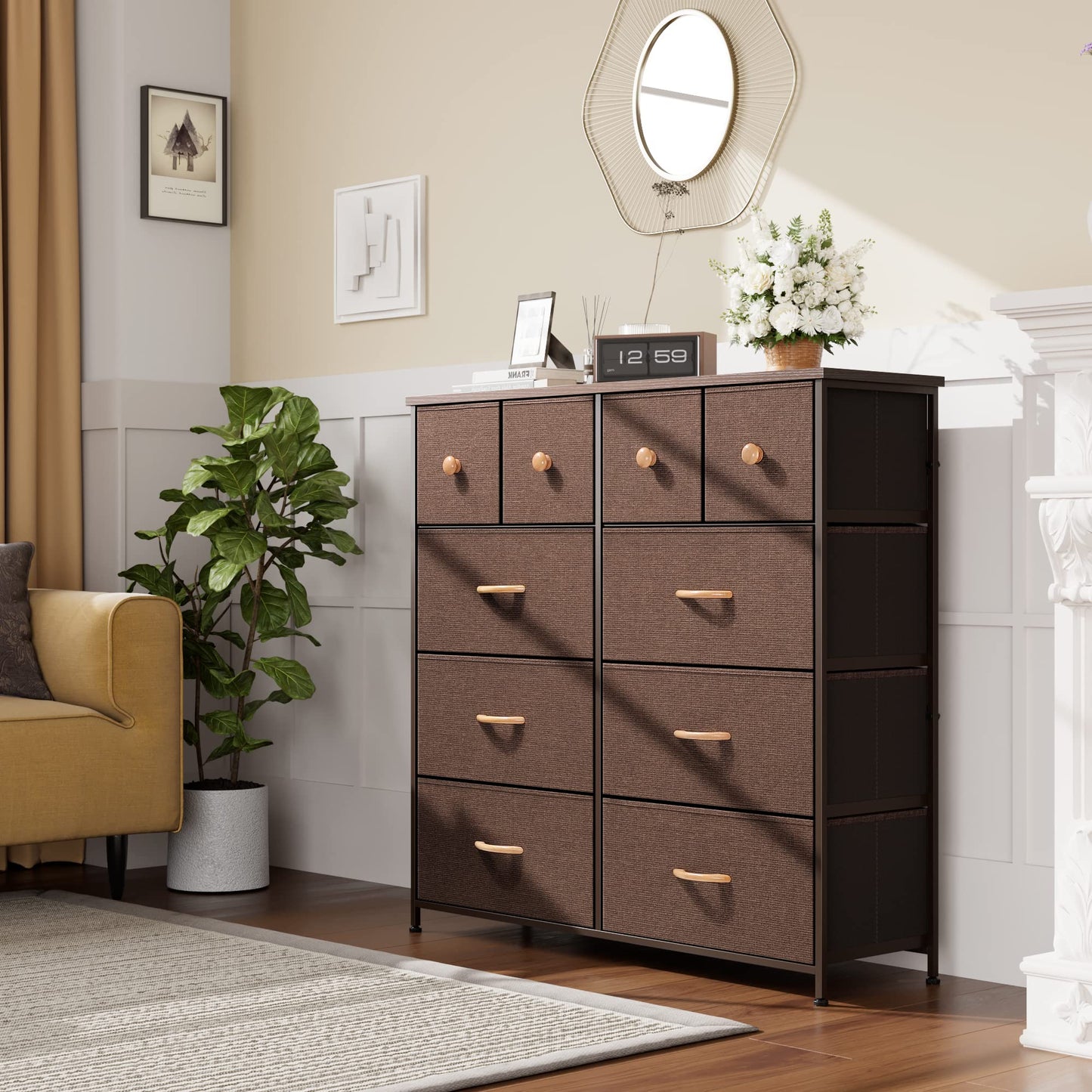 Nicehill Dresser for Bedroom with 10 Drawers, Storage Drawer Organizer, Tall Chest of Drawers for Closet, Clothes, Kids, Baby, Living Room, Wood Board, Fabric Drawers(Black Wood Grain)