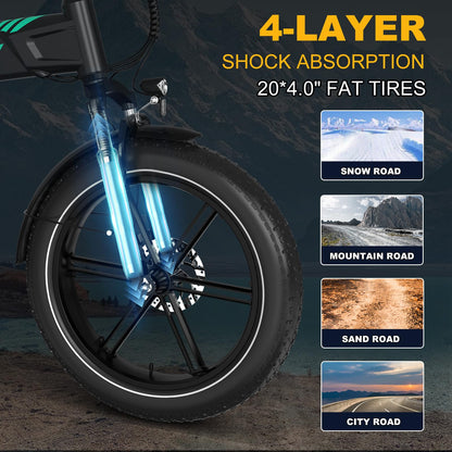 HITWAY 20 * 4.0” Electric Bike, 48V 10.4Ah Battery up to 50-100KM, 250W Motor Fat Tire E Bike, Foldable Electric Bicycles with 7-Speeds for Adult Commuters