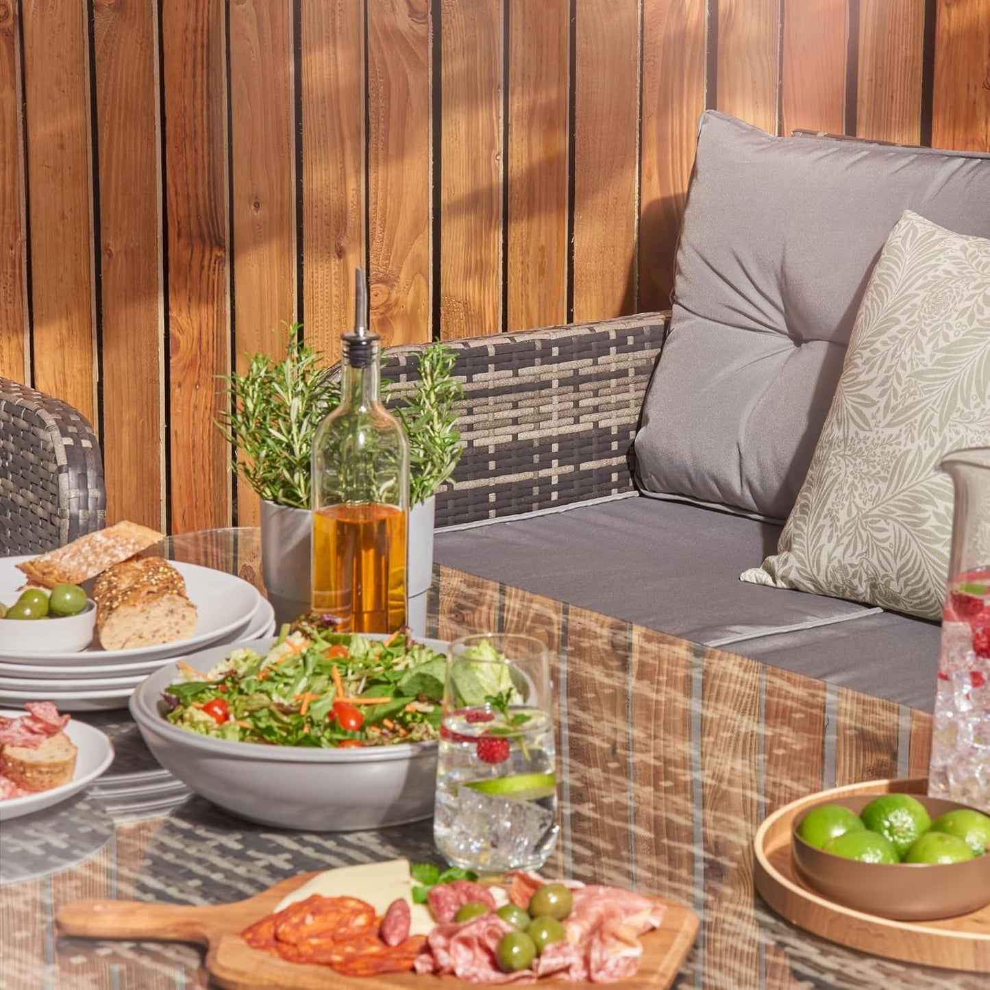 Home Treats Rattan Dining Set 7 Seater | Deluxe Garden Furniture Set | Patio Outdoor Dining Furniture Set With Rising Dining Table & Chairs Stools & Rain Cover | Grey Cushions Garden Lawn Furniture
