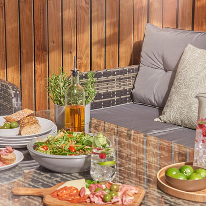 Home Treats Rattan Dining Set 7 Seater | Deluxe Garden Furniture Set | Patio Outdoor Dining Furniture Set With Rising Dining Table & Chairs Stools & Rain Cover | Grey Cushions Garden Lawn Furniture